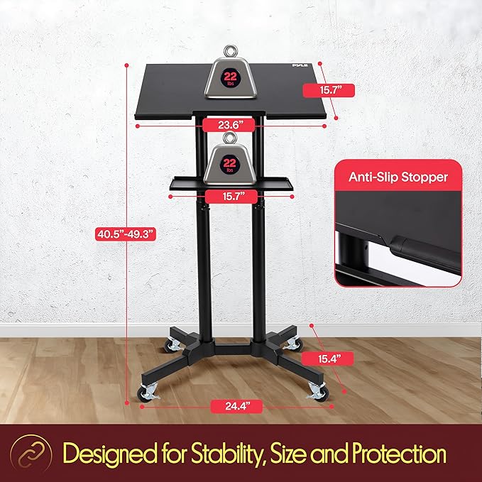 Pyle Lectern Podium Stand | Adjustable Height Top Shelf, Bottom Shelf w/Smooth Rubber Wheels & Metal Brakes | Mobile Standing Desk w/LED Light for Classrooms & Presentations | Portable Rolling Table
