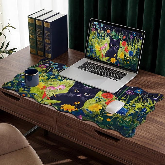 Kingdder Black Cat Floral Scalloped Desk Mat 31.5" x 15.7" Large Cute Cat Mouse Pad Kawaii Keyboard Mat with Nonslip Waterproof Rubber Base Pad for Laptop Computer Gaming Dorm Home Office
