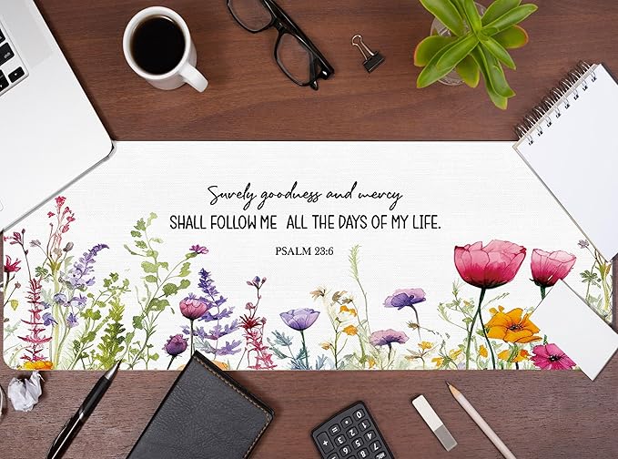 Christian Decor Large Mouse Pad Bible Verses Desk Mat, Surely Goodness and Mercy Extended Large XXL Computer Mat Gaming Mouse Pad Christian Office Room Decor Christian Gifts for Women 31.5x11.8