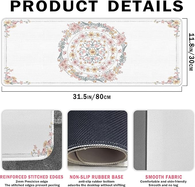 Boho Flroal Mouse Pad Pink and White Desk Mat, Spring Summer Mouse Pad for Desk Large, Boho Desktop Mats Aesthetic Computers Pads for Desk Office Dorm Women 31.5x11.8