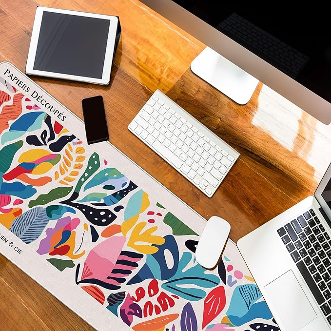 Abstract Floral Aesthetic Large Mouse Pad Matisse Boho Desk Mats, Pink Long Laptop Keyboard Mat Cute Gaming Desktop Mats for Desk, Flroal Desk Decor for Women Office 31.5x11.8