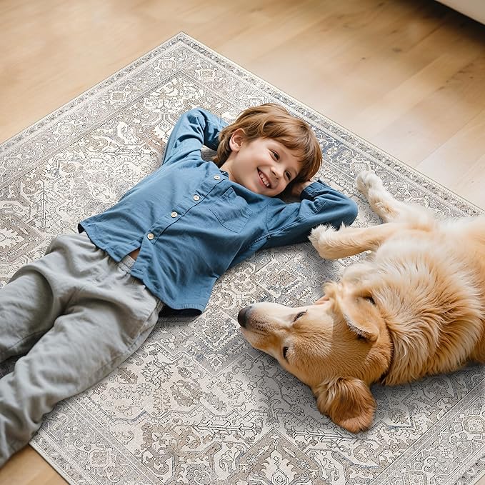 36"x48" Office Chair Mat for Hardwood Tile Floor, Under Desk Carpet Protector for Rolling Computer Chair Mat, Machine Washable Area Rug, Anti-Slip 1/5" Thick Low Pile Thin Vinyl Floor Mat, Khaki Blue