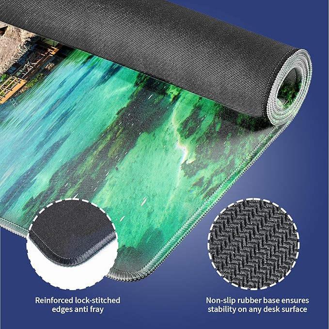 XXL Gaming Mouse Pad with Stitched Edges - Tropical Paradise Overwater Bungalows with Clear Coral Reefs Summer Vacation, Smooth Surface Anti-Slip Base Large Desk Mat for Mice & Keyboard