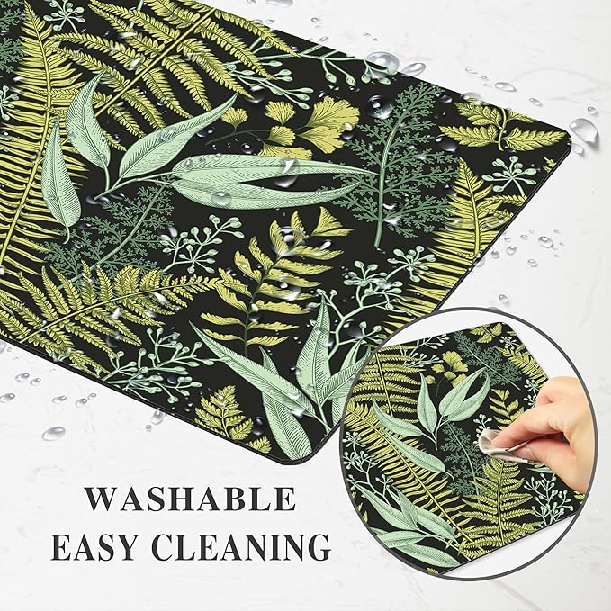 Green Leaf Mouse Pad Cute, Vintage Floral Botanical Plant Rectangular Mousepad Black Aesthetic Nature Herb Office Small Forest Portable Desk Pad Non-Slip Mouse Mat Washable Desk Decor Accessories