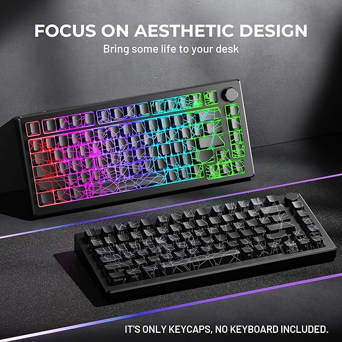 HITIME x XVX Spider Web Keycaps 60 75 100 Percent - Shine Through Keycaps w/IMD Tech, for Mechanical Keyboards, Full 118 Key Set, OEM Profile, Lines Backlit, Side Printed - Black
