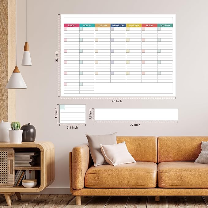 Large Dry Erase Calendar for Wall - Undated Dry Erase Calendar, Erasable Laminated Calendars for Wall with 8 Round Stickers, 40" x 28", Monthly Calendars for Office, Home, Classroom - Colorful