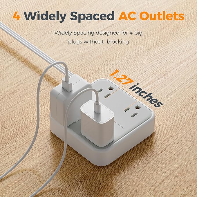 TESSAN 900J Surge Protector Power Strip, 4 Widely Spaced Outlets with 5 Ft Flat Plug Extension Cord, Small Charging Station for Home, Office, Dorm Room and Work from Home, Gray