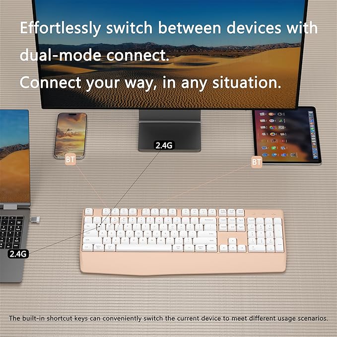 Wireless Bluetooth Keyboard, Ergonomic Wireless Keyboard with Wrist Rest, 2.4GHz & Bluetooth Dual-Mode Compatibility for PC, Laptop, Windows, Mac, and More (White Milk Tea)