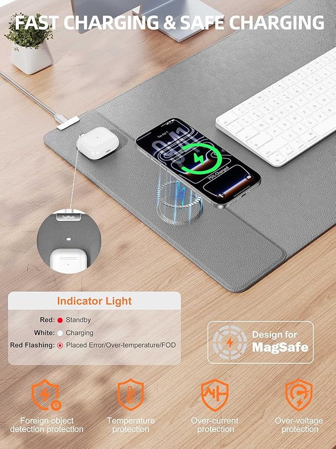 TopMade Mouse Pad with 15W Wireless Charging, XXL Large Leather Desk Mat, Waterproof Gaming Mousepad Home Office Desk Pad Protector, Computer Keyboard Pad, Mouse Mat for MacBook, PC, Laptop, Gray