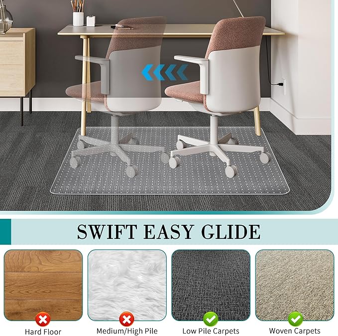 BesWin Office Chair Mat for Carpets, 30" x 48" Low Pile Carpet Protector Mat for Office Chair, Heavy Duty Computer Desk Floor Mat for Carpeted Floors, Easy Glide and Flat Without Curling