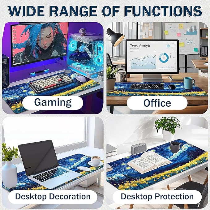Mouse Pad Gaming - Desk Mat for Keyboard and Mouse - Van Gogh Starry Night Large Mouse Pads for Desk, Desks Pad Mat(35.4" X 15.7") with Non-Slip Base, Gaming Mousepad for Game, Office and Home