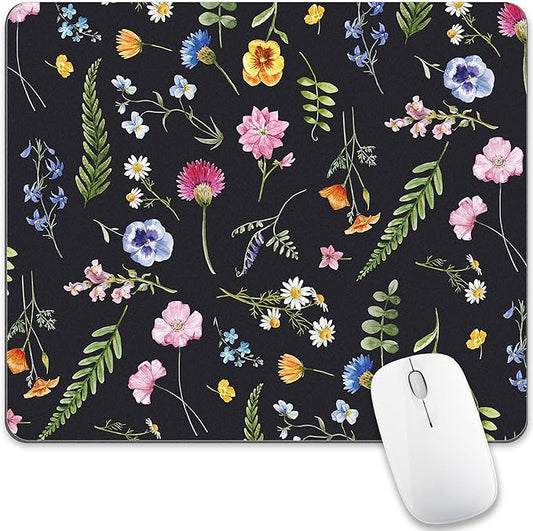 Floral Mouse Pad Mousepad Flower Black Cute Pretty Aesthetic Desk Mat Daisy Plant Botanical Leaf Square Women Laptop Computer Gaming Office Small Portable Non-Slip Wireless Washable Accessories