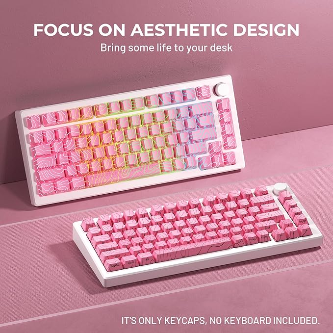 XVX Pink Topographic Keycaps with IMD Tech, Shine Through Custom Keycap 60 75 100 Percent, Lines Backlit Keycap Set, OEM Profile, Side Printed Keyboard Key caps for Keyboards(Only Keycaps)