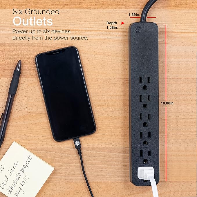 GE 6-Outlet Surge Protector, 6 Ft Extension Cord, 1080 Joules, Power Strip, Flat Plug, Integrated Circuit Breaker, Wall Mount, ETL Listed, Black, 37211