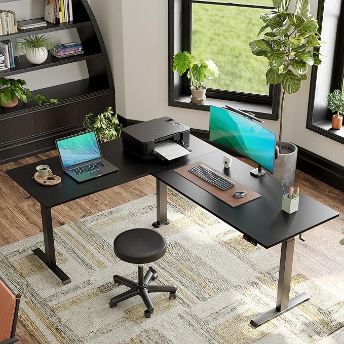 FEZIBO 75 Inches, Supports Over 300lbs, Large L Shaped Standing Desk, Electric Height Adjustable L Shaped Desk, Suitable for Home Office, Black Frame/Black Top