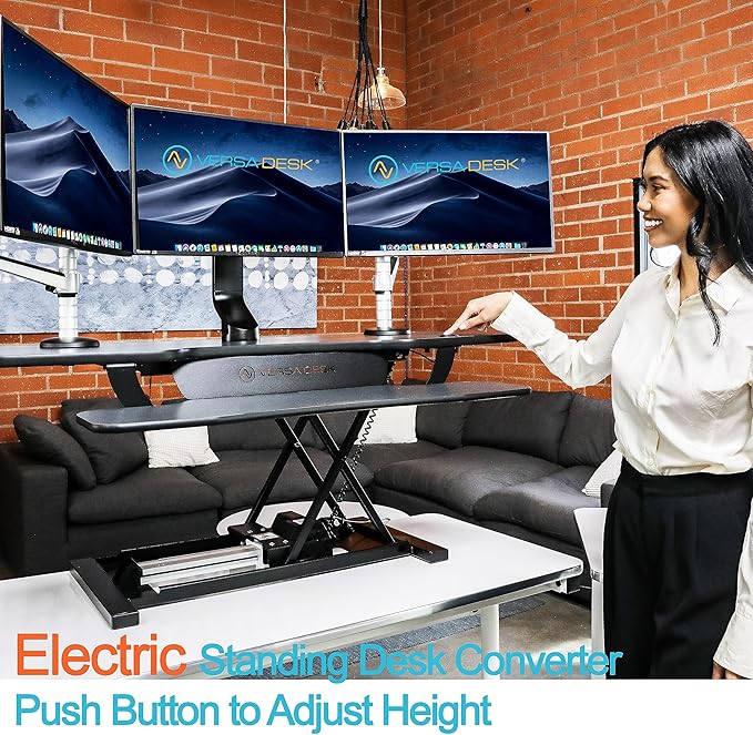 VERSADESK PowerPro™ 36 Inch Electric Standing Desk Converter, Height Adjustable Sit to Stand Up Desk Riser, Laptop and Dual Monitor Desktop Workstation with Wide Keyboard Tray and USB Port, Black